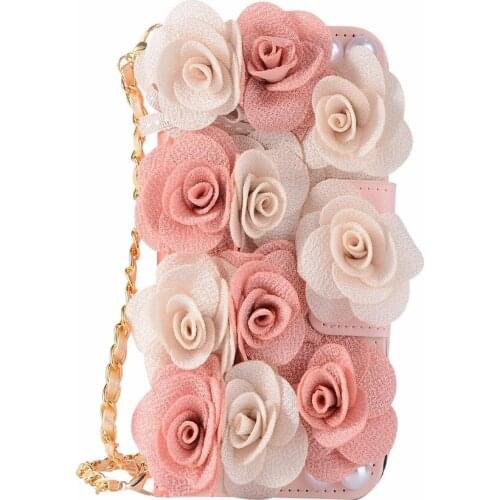 For iPhone 11 Pro Max Case Xs Max Xr X 10 8 7 Plus SE 2020 Flower Rose Decor Leather Wallet Cover Handbag Chain Strap Women