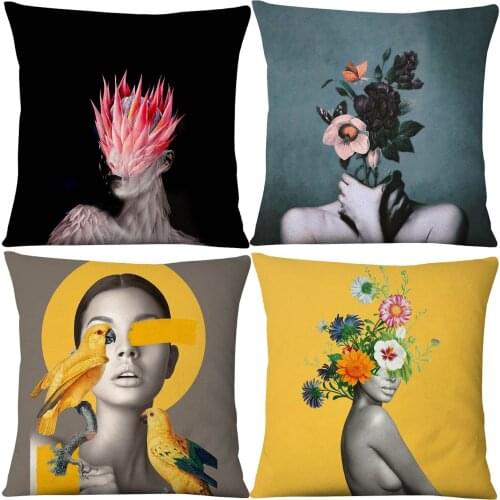 Flower Girls Cushion Cover Beauty Posters Portrait Painting Pillowcase 45X45cm Bedroom Sofa Decor Pillow Case