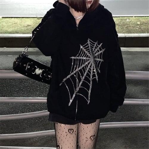 DAILOU Women Hoodie Y2K Spider Net Hoodie Harajuku Goth Grunge Pocket Hoodies Gothic Punk Oversized Pullover Hoodies Streetwear