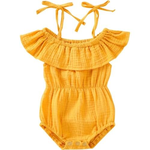 Pudcoco Baby Girl Clothes Ruffle Romper, Summer Sleeveless Off Shoulder Tie Up Solid Color Boat Neck Spaghetti Strap Playsuit