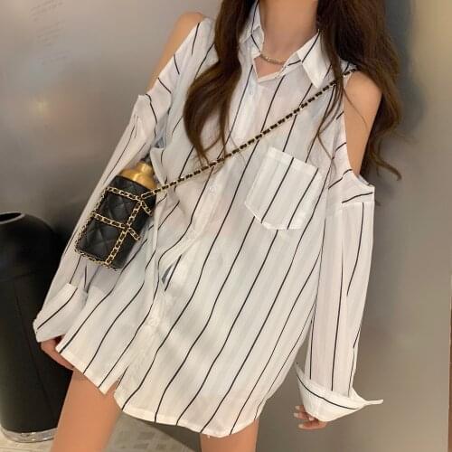 IMucci Striped Long-sleeved Strapless Blouses Womens New Summer 2020 Korean Style Loose Tops Mid-length Design Shirt