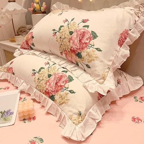 Cilected Korean Lotus Leaf Lace 100% Cotton Pillowcase INS Small Fresh Floral Print Cushion Cover Pillow Core Protective Cover