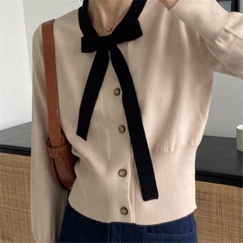 Korean Women Knitted Sweater Long Sleeves Bow Collar Fashion Solid Jumpers Office Lady Bottom Pullovers Outwear Tops 2021 New