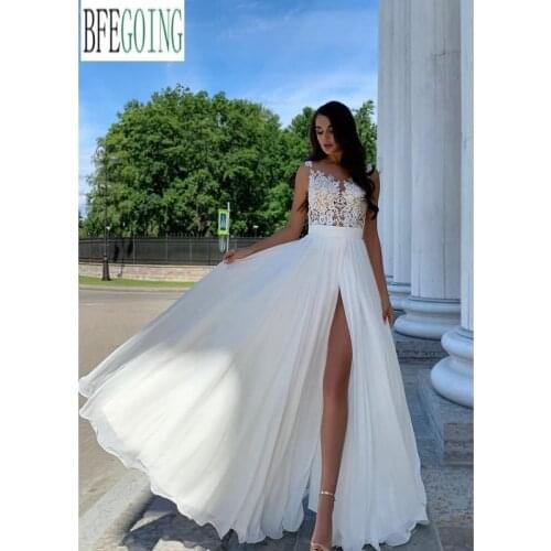 Boho Lllusion Ivory Lace Chiffon Sleeveless Floor-Length A-Line Wedding Dresses Custom Made Split Skirt Bridal Gowns