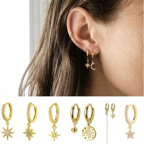 925 Sterling Silver Piercing Crystal Tassel Star Charm Hoop Earring For Women Girls Party Wedding Jewelry A003