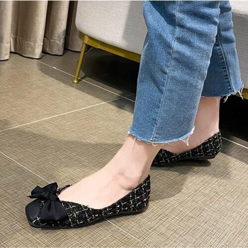 Gingham cloth flats boat shoes women solid pu leather square toe loafers shallow slip on moccasins bow-knot single shoes size 43