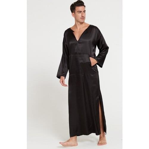 Men summer silklike long sleeve pullover homewear bathrobes male sleepwear O-neck long robes