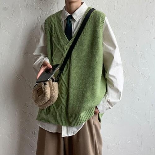 Korean Sweater Vest Mens Fashion Solid Color V-Neck Knitted Pullover Men Streetwear Loose Autumn Vest Knitting Sweaters Mens