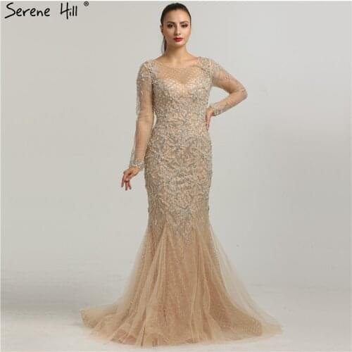 2020 New Designer Long Sleeves Glitter Evening Dresses Crystal Pearls Fashion Mermaid Sexy Evening Gowns Real Photo LA6420