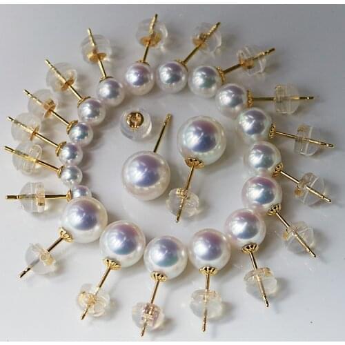 One pair white Akoya pearls round +18k gold stud earrings FPPJ wholesale beads nature AAAA 5-10mm