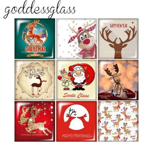 Christmas moose reindeer Merry Christmas Cute Square 10pcs 12mm/20mm/25mm/30mm glass cabochon flat back DIY Jewelry Findings