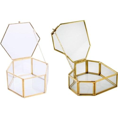 Hexagon Geometric Clear Glass Jewelry Box Organizer Holder Ring Box Necklace Bracelets Earrings Tabletop Accessories Container