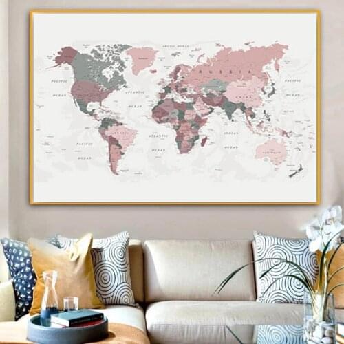 Modern World Map Canvas Print Blush Pink & Hunter Green Map of The World Poster Dorm Decor Wall Art Picture Home Decoration