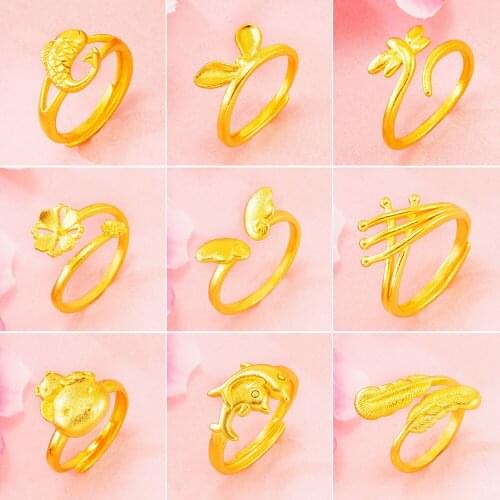 Unique Luxury 24k Gold Exquisite Opening Flower Female Ring Live Gold Small Fresh Cute Gold Rings for Women Girls Christmas Gift
