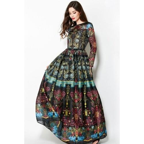 Vintage 2020 Winter Long Sleeves Elegant Empire Ball Gown Temperamental Slim Retro Print Floor-Length Dress Women Maxi