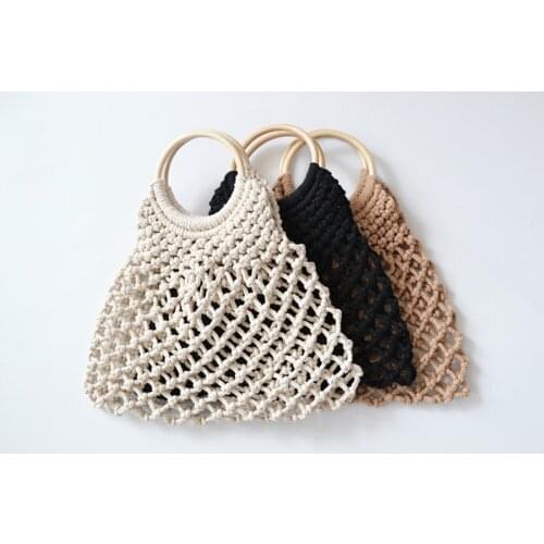 Women Hollow Out Bag Fashion Popular Ring Woven Bag Mesh Rope Weaving Tie Buckle Reticulate Straw Bag No Lined Net Shoulder Bag