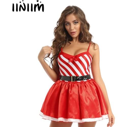 Womens Femme Chirstmas Miss Claus Strappy Cami Tutu Skirt with Bulit in Briefs Halloween Fancy Cosplay Sexy Costumes Clubwear
