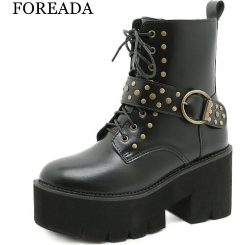FOREADA Woman Goth Motorcycle Boots Autumn Rivet Platform Thick Heel Shoes High Heel Round Toe Zipper Ladies Ankle Boots 35-43