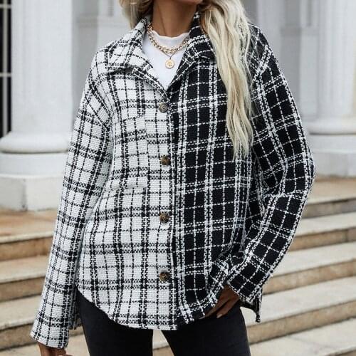 Women Autumn Button Cardigans Long Sleeve Loose Coat Black And White Stitching Plaid Casual Female Tops
