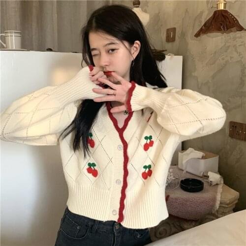 Women Knitted Sweater Jacket Spring Autumn Cherry Sweet V-Neck Single-breasted Cardigans Female Casual Coat Outerwear