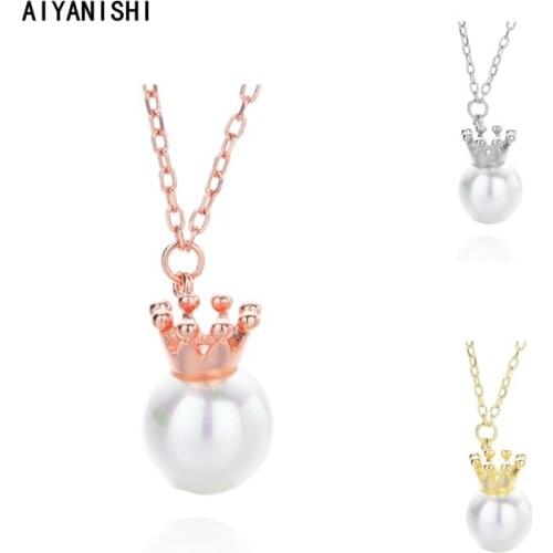 AIYANISHI Elegant 925 Sterling Silver Crown Shell Pearl Pendant Necklace Women Engagement Natural Pearl Pendant Necklace Jewelry
