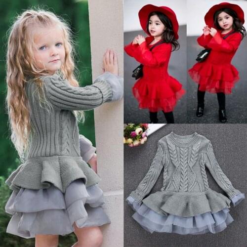 Girls Winter Dresses Kids Clothes Toddler Kids Baby Girls Knitted Sweater Winter Crochet Dress with Tulle Pullover Clothes
