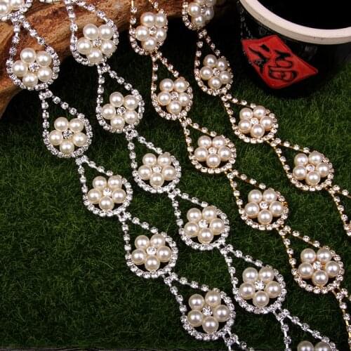 Free Shipping 5yards Rhinestone pearls Chain Bridal Sash Rhinestone Applique, Wedding Applique,Rhinestone Trimming LSRT092