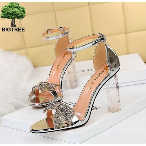 BIGTREE Shoes Rhinestone Bow Women Sandals 2021 Summer Open Toe Sandles Women High Heels Suede Block Heels Ladies Plus Size 43