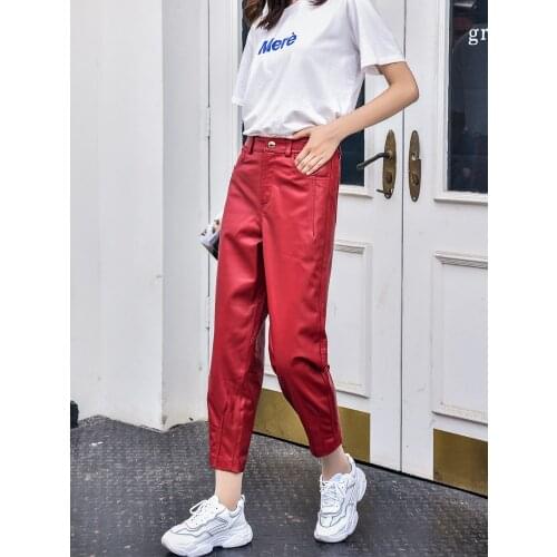 Female High Waist Pant Womens Trousers Spring Autumn2021 Real Sheepskin Leather Pants Woman Harem Pants Donna Pantaloni Zjt2414