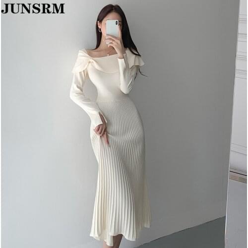 One Piece Knitted Dress Sexy Off Shoulder Korean Office Midi Dress Women 2020 New Autumn Slim Vintage Pullover Sweater Dresses