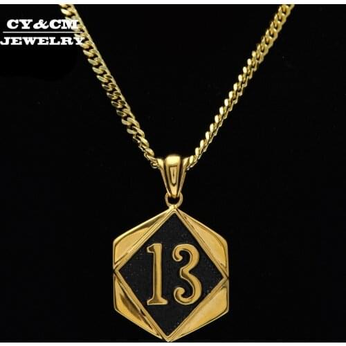 CY&CM Vintage Lucky Number 13 Pendant Gold Color Black Drip oil Hexagonal Tag Pendant Necklace Chain Men Fashion Hip hop Jewelry