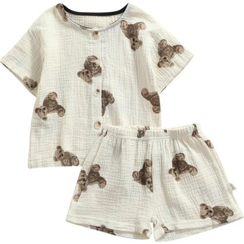 Kids Summer Brother Sister Suit Cartoon Bear Print Jumper Skirt Matching Short-Sleeve Tops with Shorts for Girls Boys