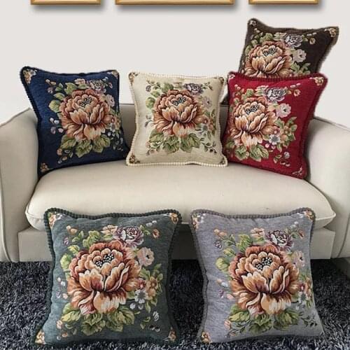 European Palace Peony Floral Jacquard Pillow Case Soft Cushion Cover Brown Ivory Home Decorative Pillow Cover 48x48cm/58x58cm