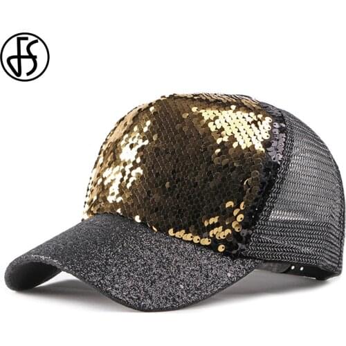 FS Fashion Gold Sequin Unisex Summer Trucker Hat Breathable Mesh Cap Sun Hats For Men Women Hip Hop Baseball Caps Casquettes