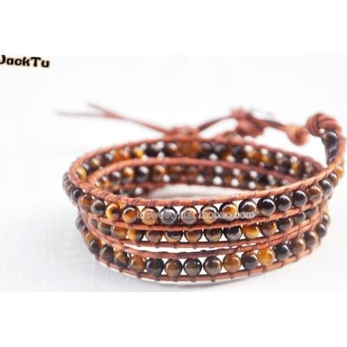 Brown 4mm natural tiger eye stone wrap leather bracelet men triple wrap leather bracelet