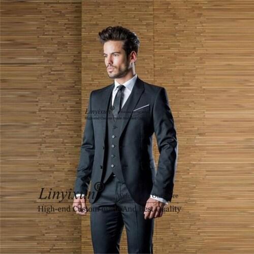 Handsome Charcoal Custom Mens Wedding Suits Peaked Lapel Slim Fit Grooms Tuxedo Three Pieces Business Suit (Jacket+Pants+Vest)