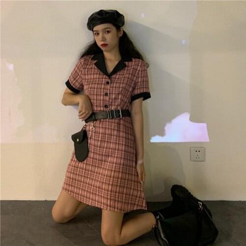Summer new college girl style fashion waist slimming plaid dress vintage streetwear female mini dress casual women