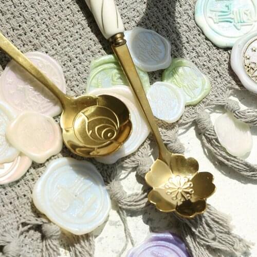 Long Handle Stainless Steel Spoon Wax Stamp Heating Spoon Golden Cherry Blossom Rose Wax Grain Spoon Lacquer Seal Accessories