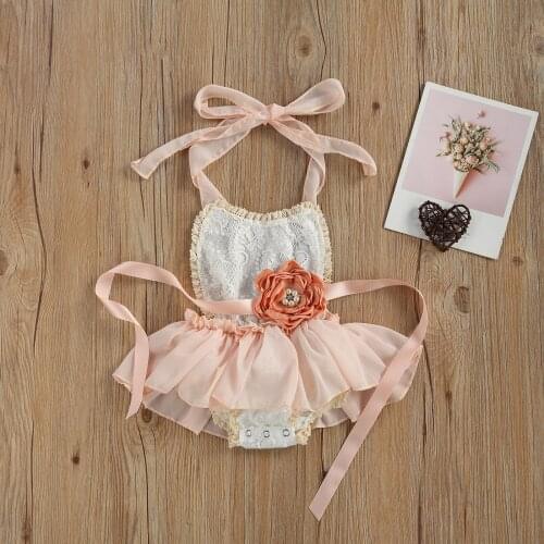 Baby Girls Sweet Outfits Lace Pattern Tutu Skirt Halter Romper With Floral Headband Set Summer Spring Fall Pink 3-24 Months