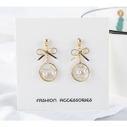Fashion Long Bow Pearl Earrings Elegant Womens Gold Korean Earrings Party Jewelry