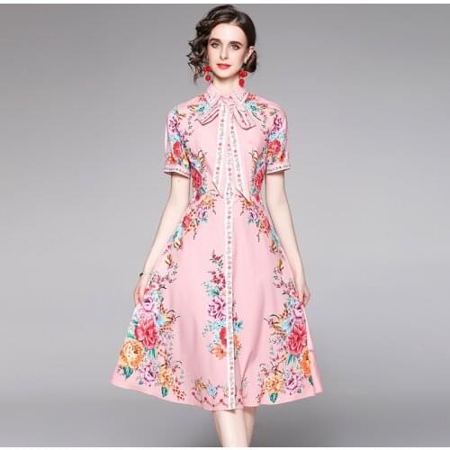 Fashion Pink Midi Dresses All-Match High Waist Slim Printed Dress with Belt Elegant Fashion Sashes Knee-Length Big Shirt Dress