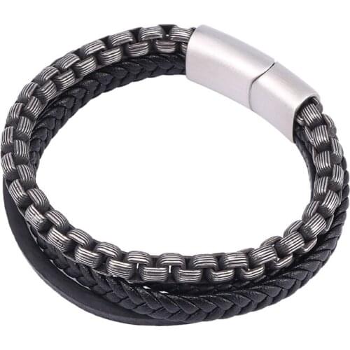 Men Jewelry Steel Chain Black Leather Bracelet Stainless Steel Magnetic Clasp Bangles Male Wristband Punk Accessories PD0997