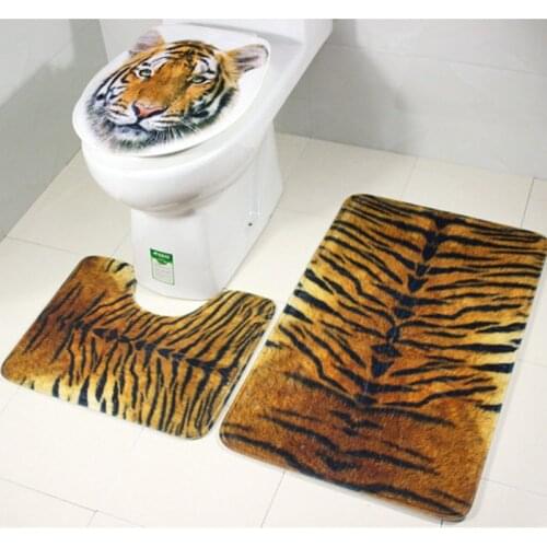 3PCS Toilet Floor Mat Set with Tiger leopard Printing Non-Slip Flannel Bathroom Carpet Toilet Cover and floor Rugs set
