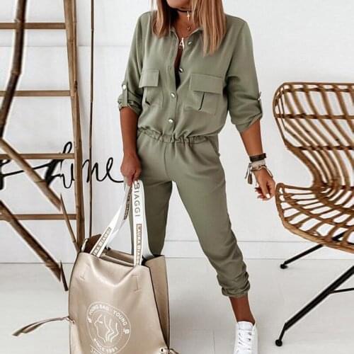 Sexy Turn-down Collar Button Jumpsuit Women 2021 Spring Solid Elastic Waist Overalls Playsuit Summer Slim Fit Cargo Pants Romper