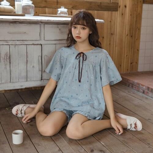 Japanese Cotton 2PCS Sleepwear Sets O-Neck Short Sleeve Pajamas Suits Thin Print Bow Nightwear Ruffle Sweet Women Home Clothing