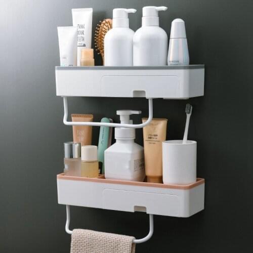 Bathroom Shelves Shower Shelves Wall-mounted Shampoo Rack with Towel Bar No Drilling Kitchen Storage Bathroom Accessories