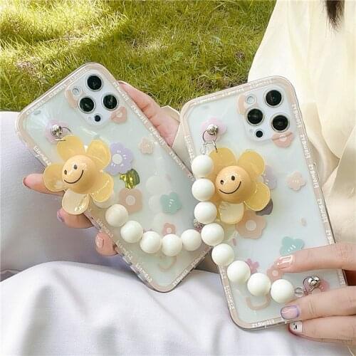 Cute sunFlower Clear Phone cover + Wrist Strap Handy Chain For iPhone 12 Mini 11 Pro Max XS max XR X 7 8 Plus SE20 gril kid gi