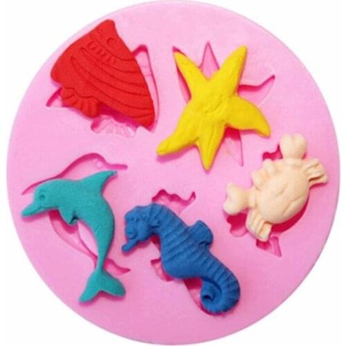 Dolphin Crab Fish Seahorse Starfish Silicone Cake Mold Sea Conch Fondant Chocolate Molds Cake Decor Tool Baking Gadget Mini DIY