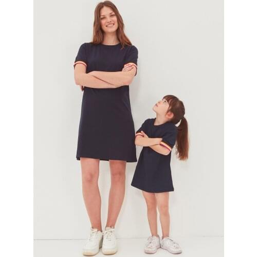 Navy blue Ribbon Detail Knitted Dress Casual Women Dress Navy Blue Women 'S Cotton Sport Dress