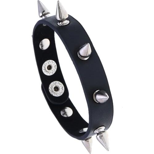 Unique Pointed Bracelet One-row Gothic Unisex Women Punk Black Bracelet Spike Rivet Cone Black Leather Cuff Wristband